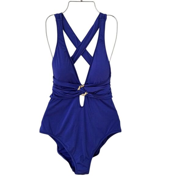 Trina Turk swimsuit size 10 Plunging neckline Blue Island Beach Resort Vacation - Picture 2 of 9